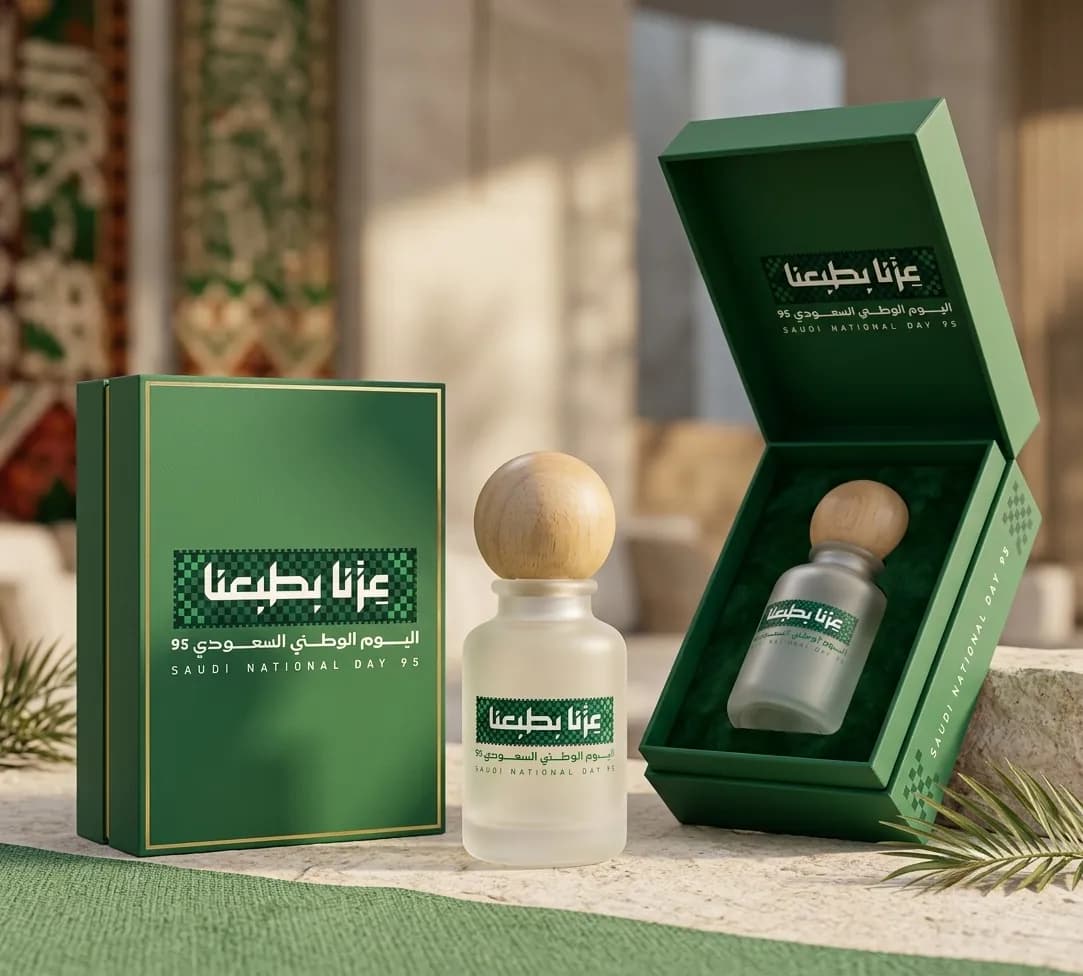 علبة عطر خضراء بتصميم اليوم الوطني
